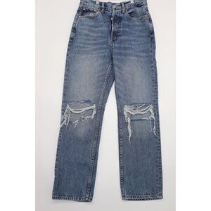 Topshop Blue Distressed High-Rise Mom Jeans W26 L30 Button Fly Denim Pants